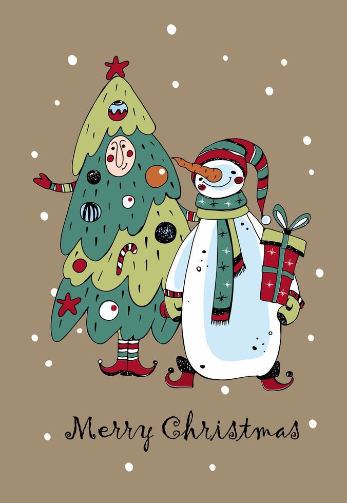 en jul kort med en söt snögubbe med gåvor och en glad jul träd. klotter stil. vektor. vektor