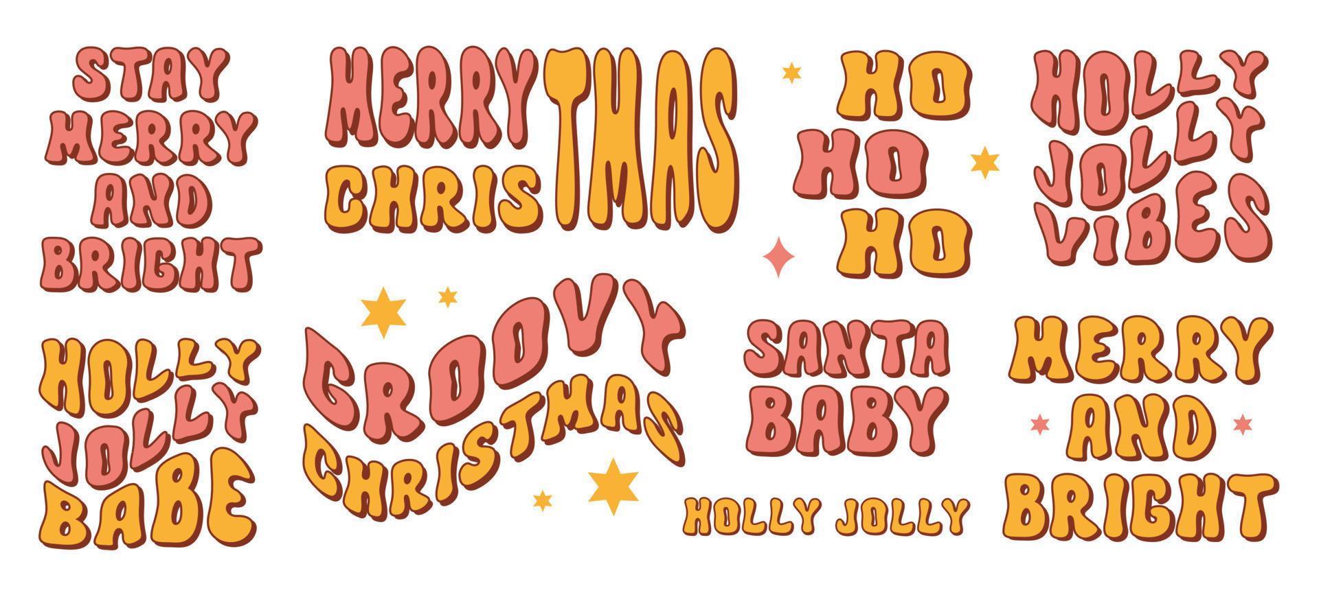 Retro-groovy Weihnachtssatz festliche Phrasen und Slogans isoliert auf weißem Hintergrund. Santa Baby, Holly Jolly Vibes, ho ho ho, fröhlich und hell. vektorillustration im stil der 60er, 70er jahre vektor