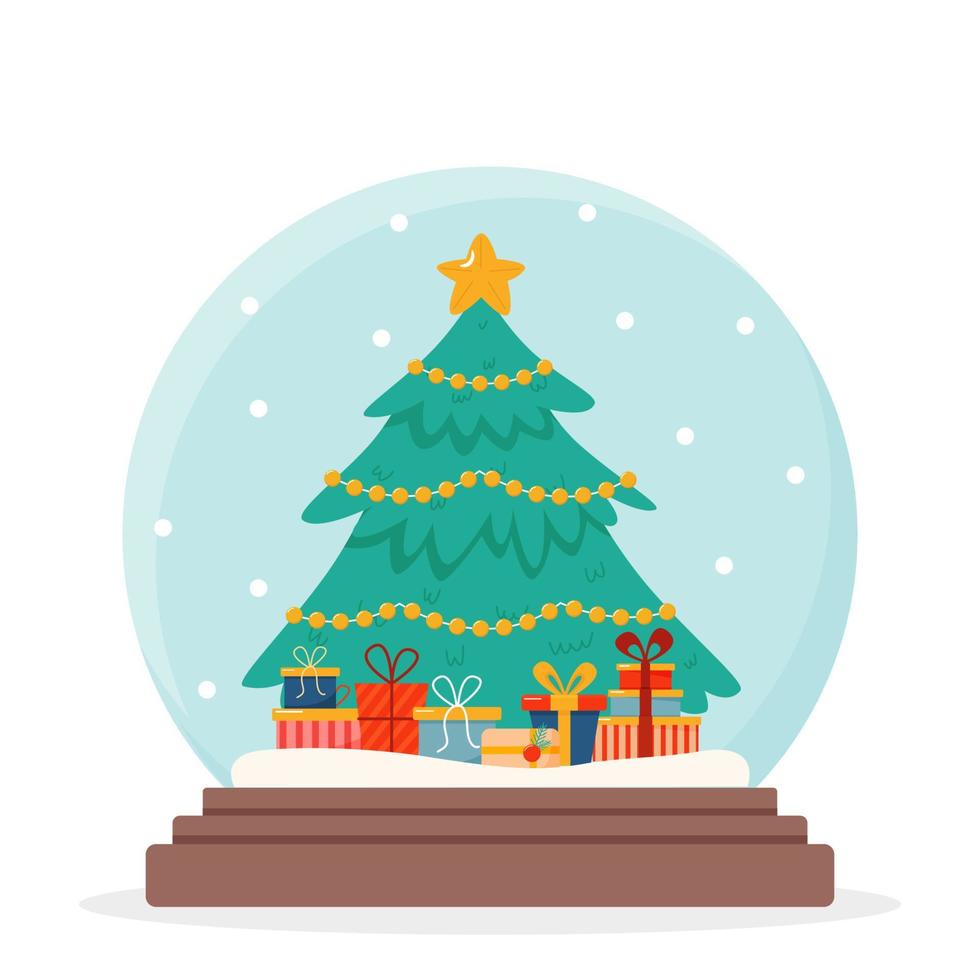 jul snö glas boll med jul träd och gåvor. vektor illustration i tecknad serie stil
