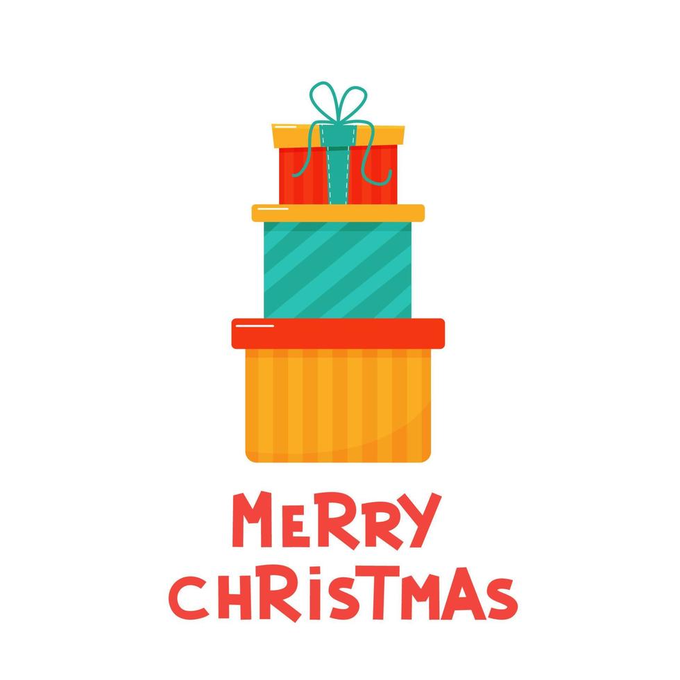 Stapel von Weihnachtsgeschenken und Schriftzug Frohe Weihnachten auf weißem Hintergrund vektor