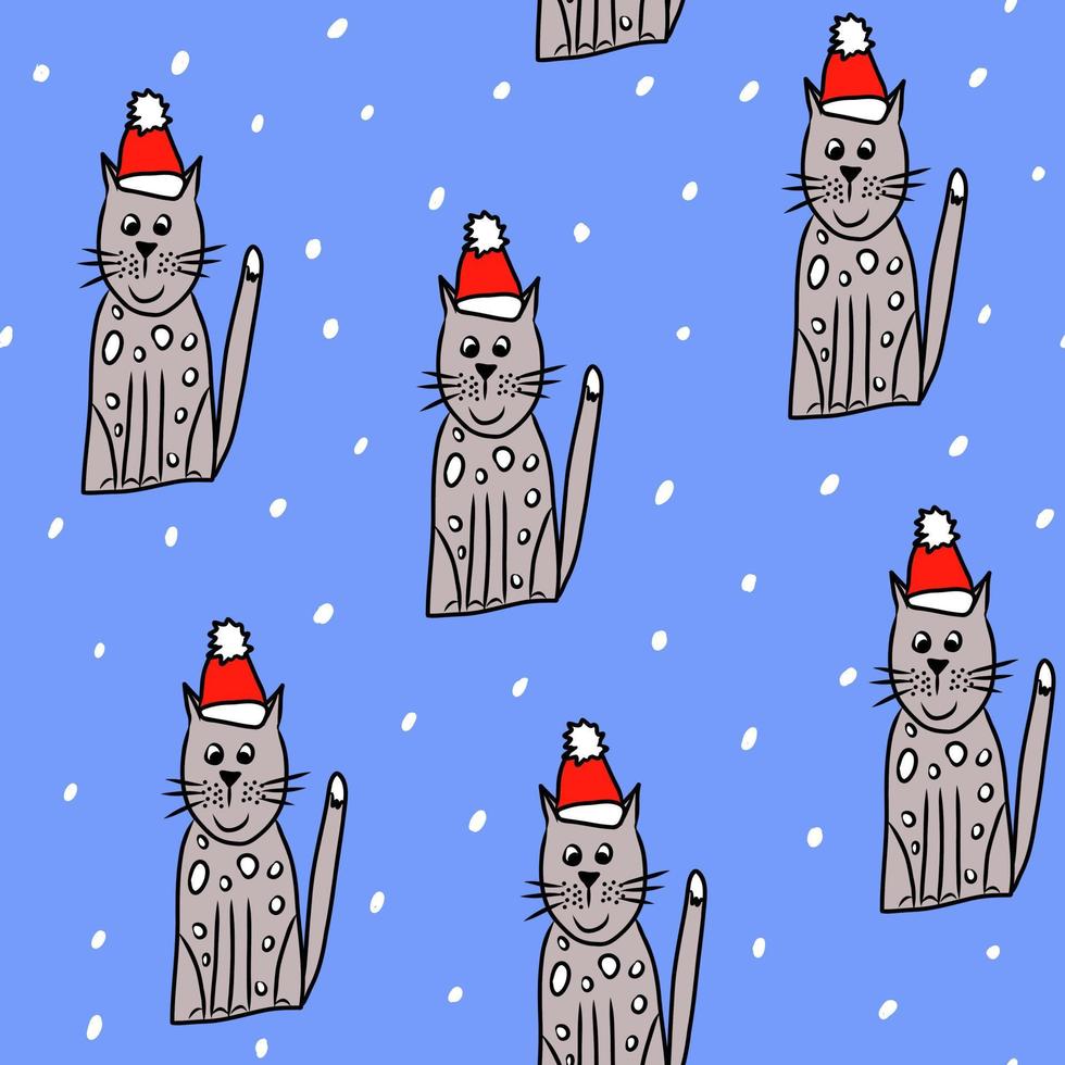 süßes nahtloses muster mit katze in roter weihnachtsmütze, handgezeichnete gekritzelillustration für neujahrs- und weihnachtsdekoration, druck als geschenkpapier, verpackungs- und einbanddesign, winterurlaubshintergrund vektor