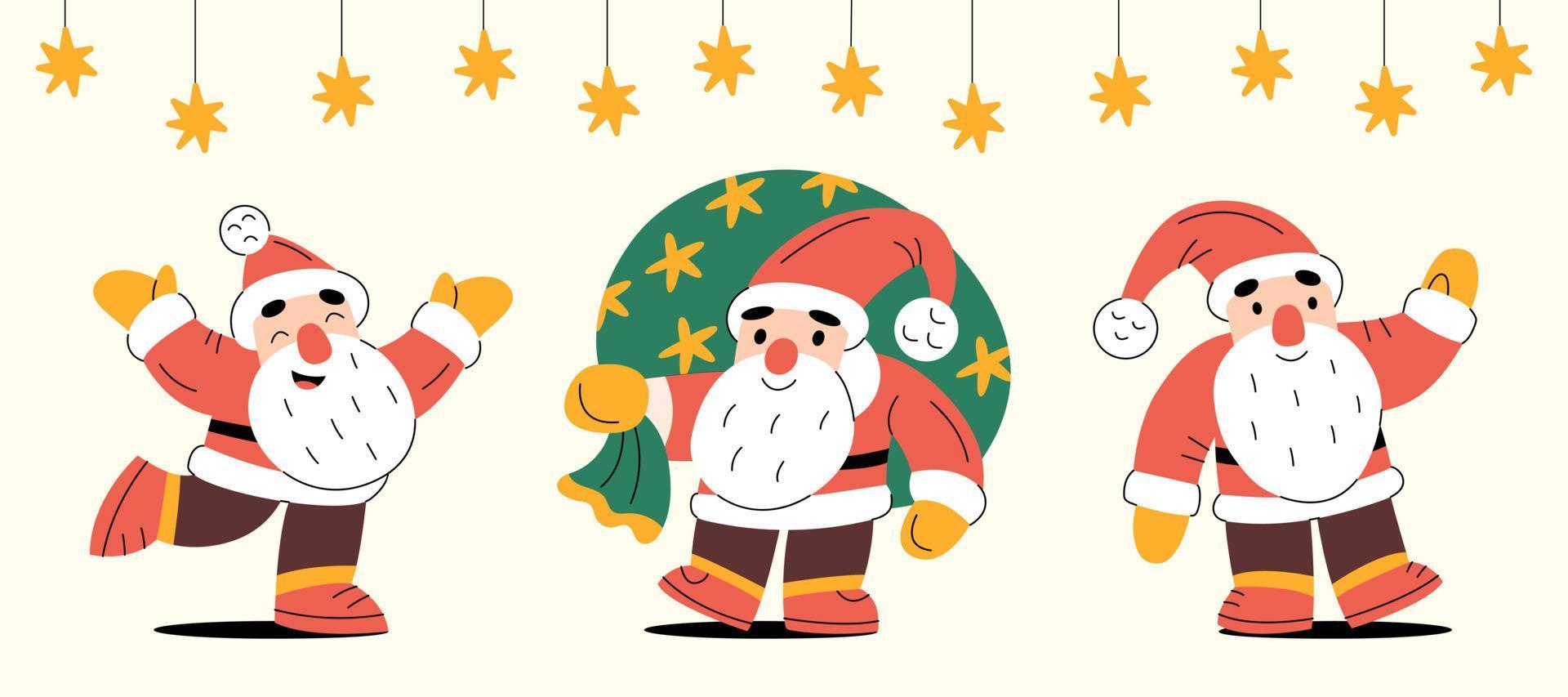 horizontales weihnachtsbanner mit lachenden, grüßenden und winkenden weihnachtsmännern vektor