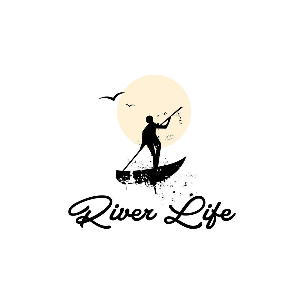 stående man på kanot logotyp rustik flod vektor