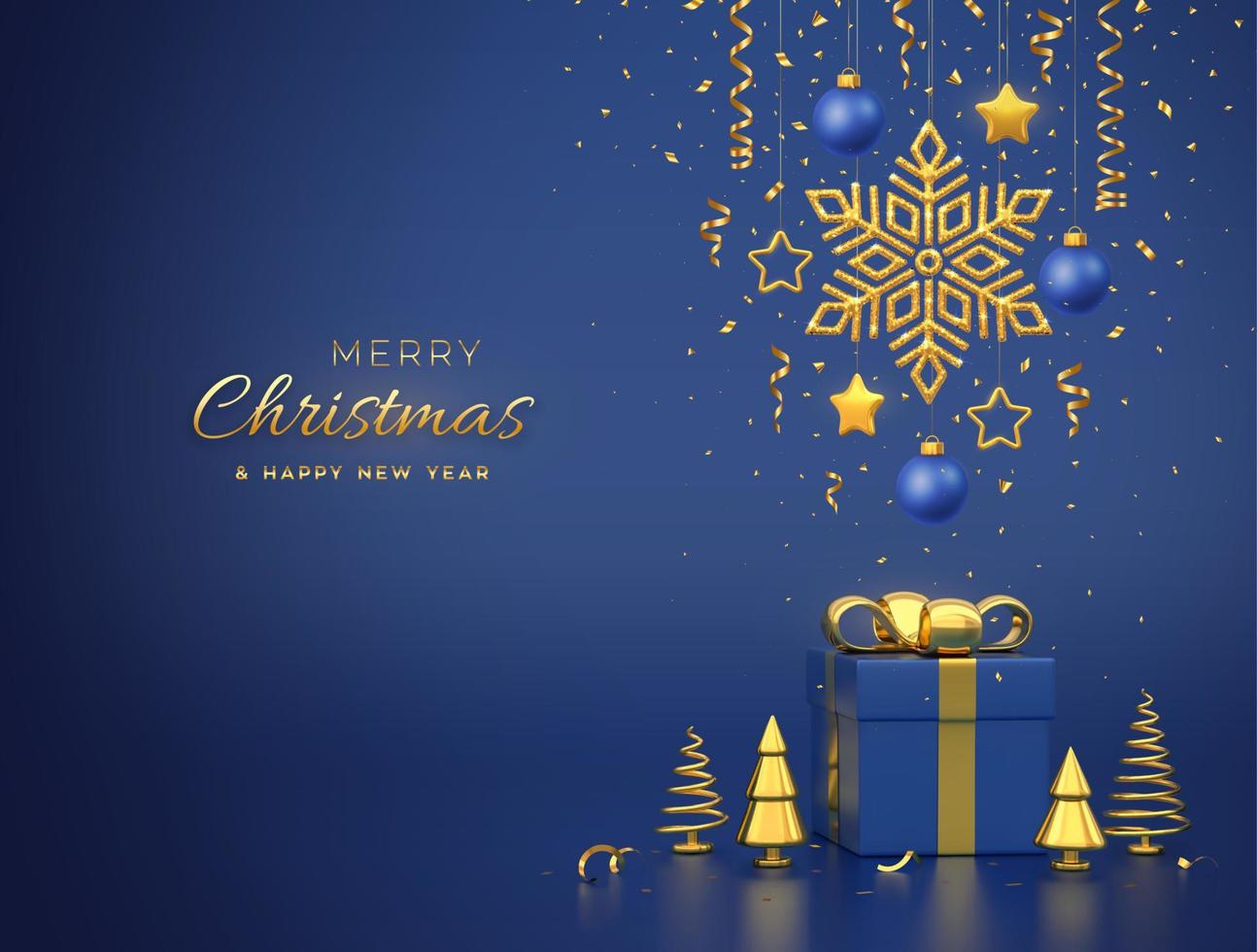 frohe weihnachtskarte, banner mit hängenden goldenen schneeflocken, kugeln, sternen, konfetti auf blauem hintergrund. geschenkbox und goldene metallische kiefern- oder tannenzapfenformfichten. Vektor-Illustration. vektor