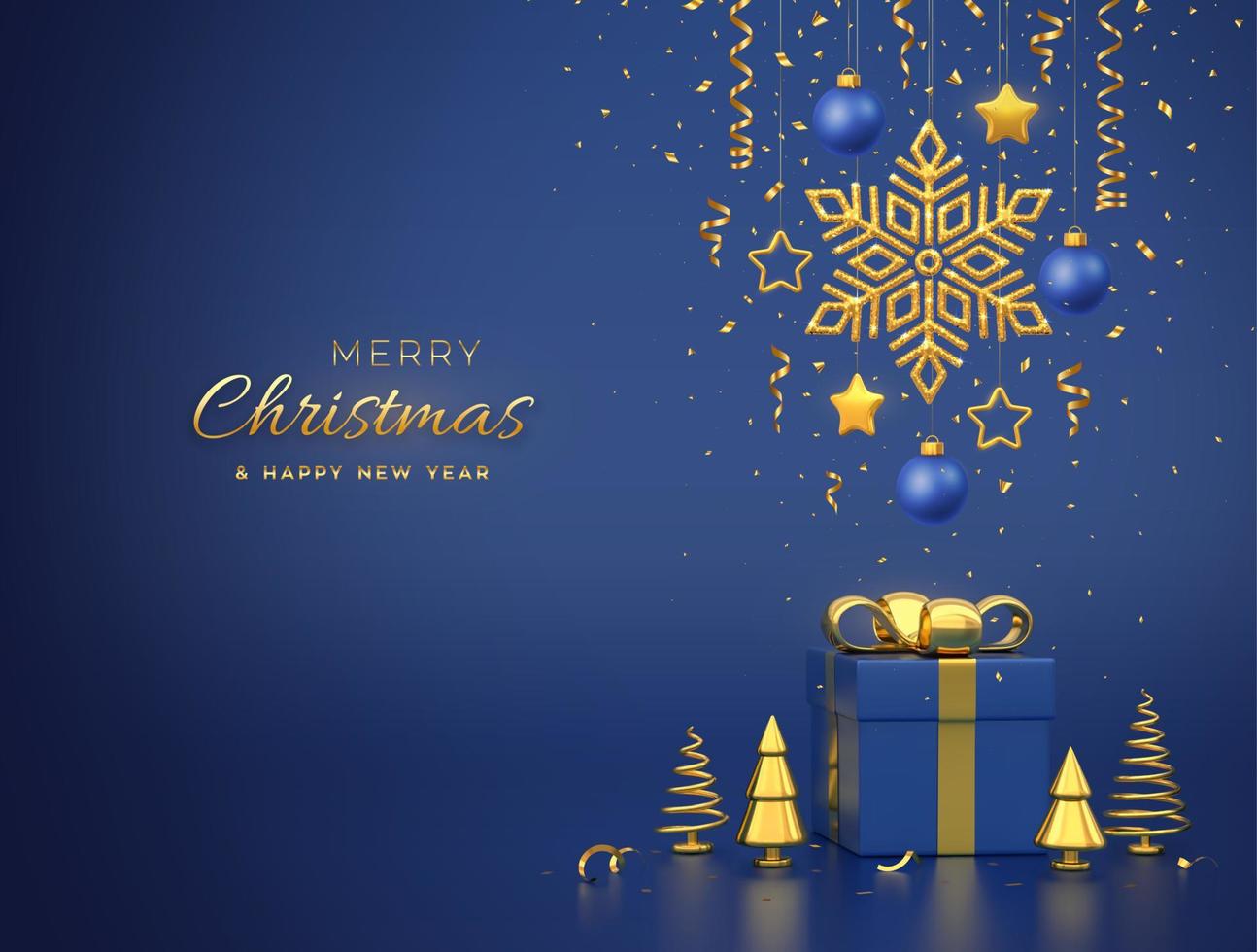glad jul kort, baner med hängande lysande guld snöflinga, bollar, stjärnor, konfetti på blå bakgrund. gåva låda och gyllene metallisk tall eller gran kon form gran träd. vektor illustration.