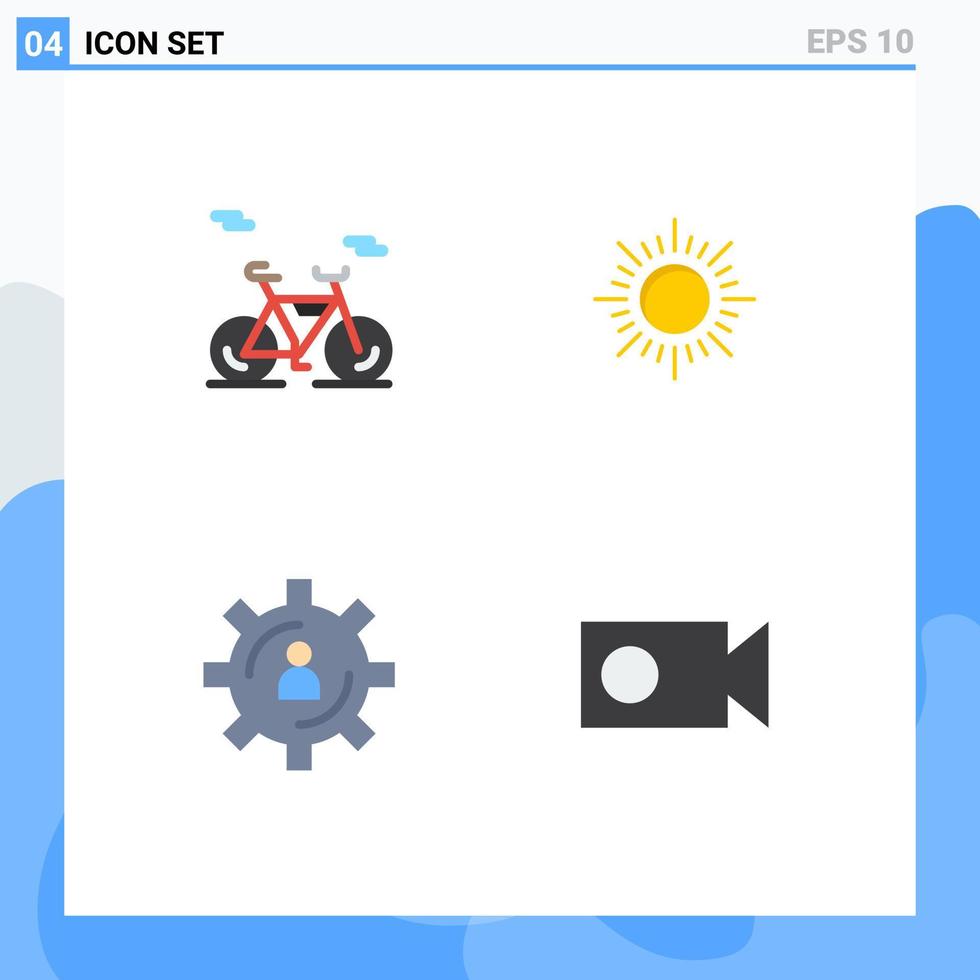 moderner Satz von 4 flachen Symbolen Piktogramm der Fahrradproduktion Sonne Entwicklung Nocken editierbare Vektordesign-Elemente vektor