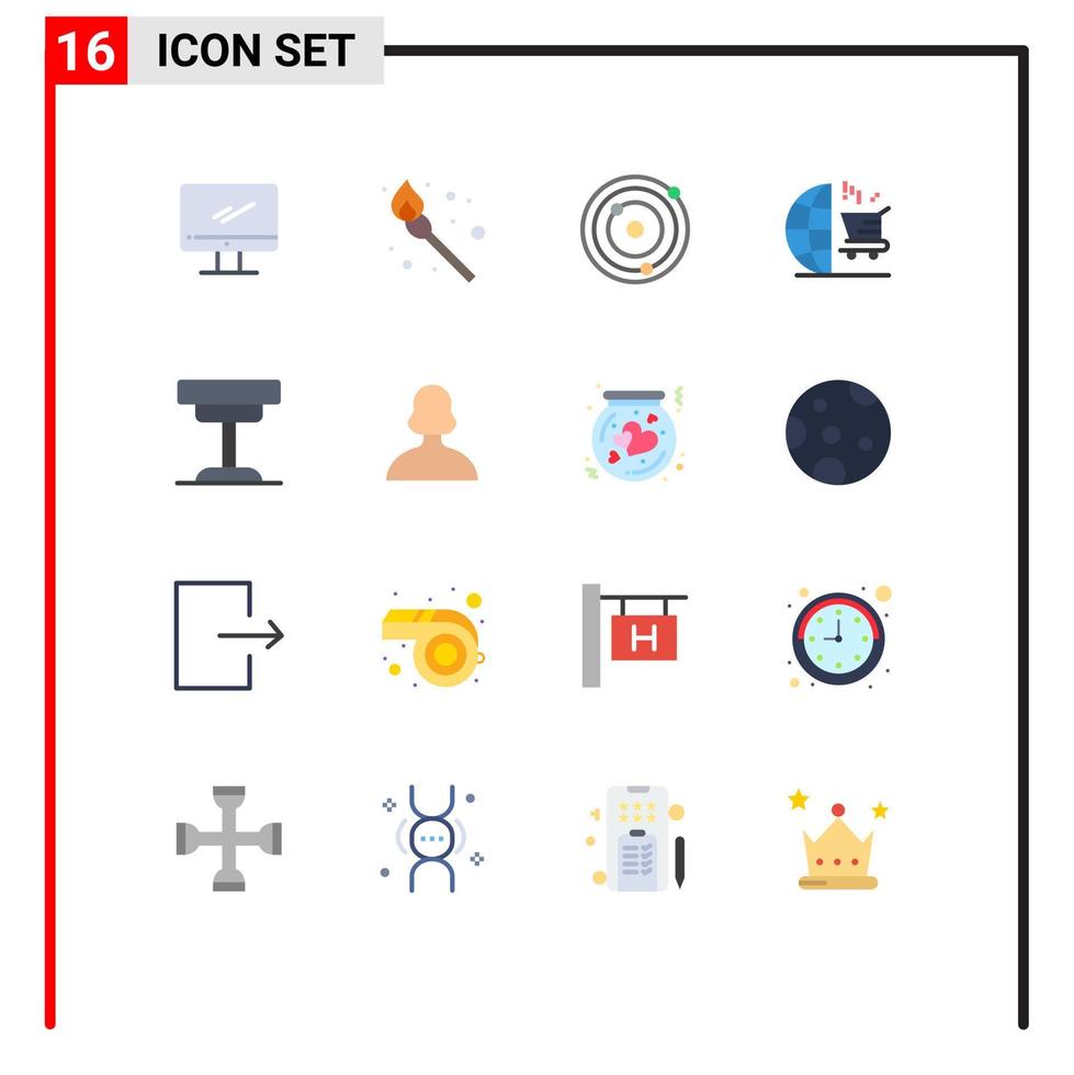 Flaches Farbpaket mit 16 universellen Symbolen für Möbeldekor, Astronomie, Einkaufsmarketing, editierbares Paket kreativer Vektordesignelemente vektor