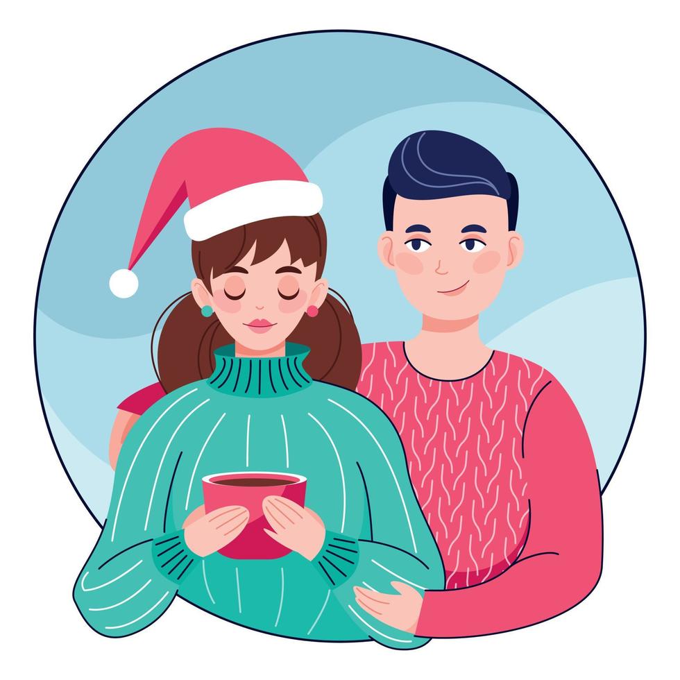 flache vektorfarbene illustration mit einem umarmenden paar. junge Frau und junger Mann zusammen. warme Winterpullover. neujahr und frohe weihnachtsfeier. Urlaubsstimmung. vektor