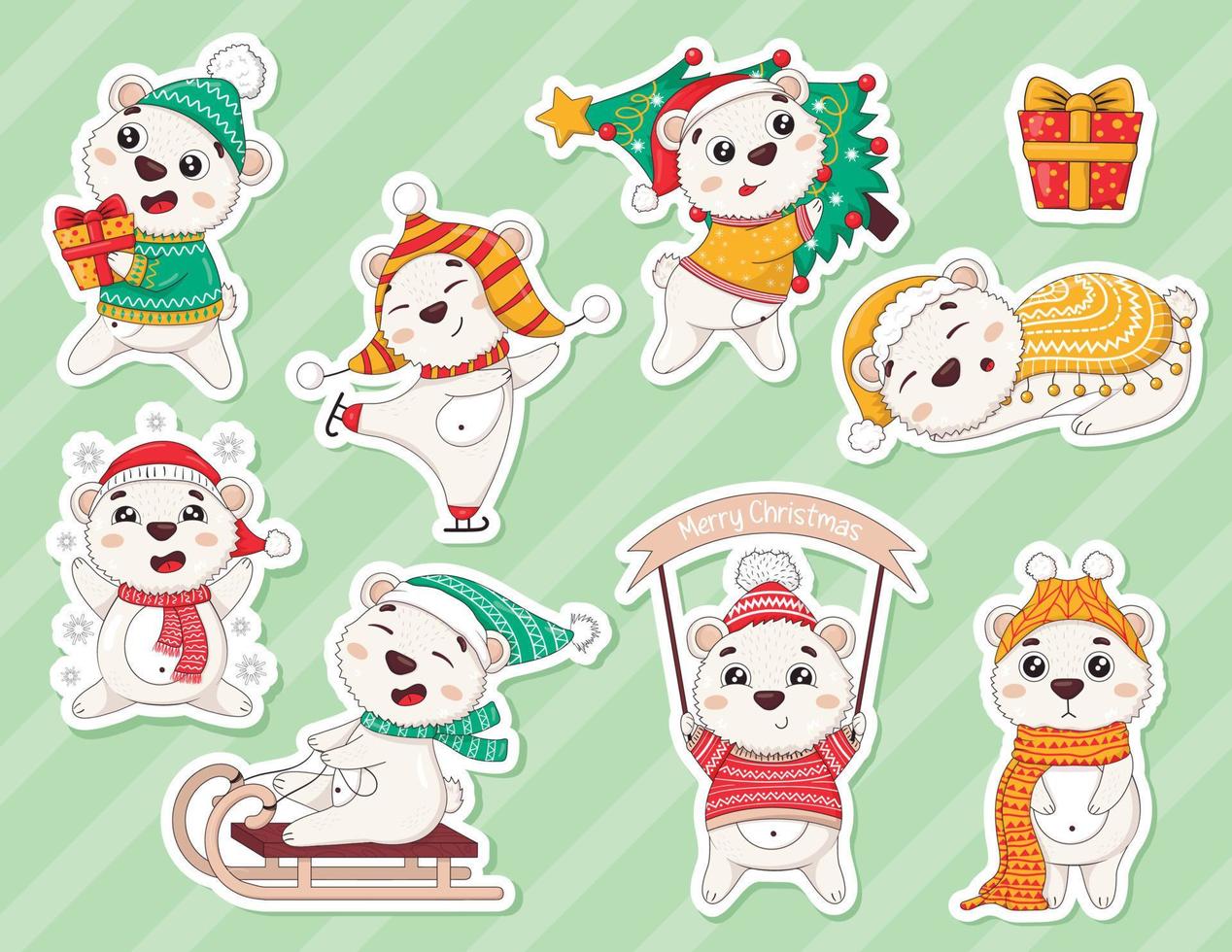 bündel aufkleber mit niedlichen cartoon-neujahrs-eisbären in winterkleidung mit weihnachtsbaum, skaten, rodeln, schneeflocken fangen, geschenke tragen, schlafen vektor