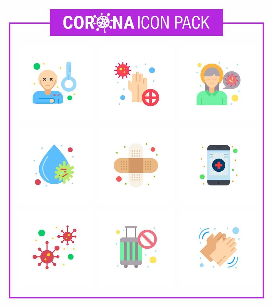 coronavirus förebyggande uppsättning ikoner 9 platt Färg ikon sådan som blodplättar blod virus bakterie blod sjuk viral coronavirus 2019 nov sjukdom vektor design element