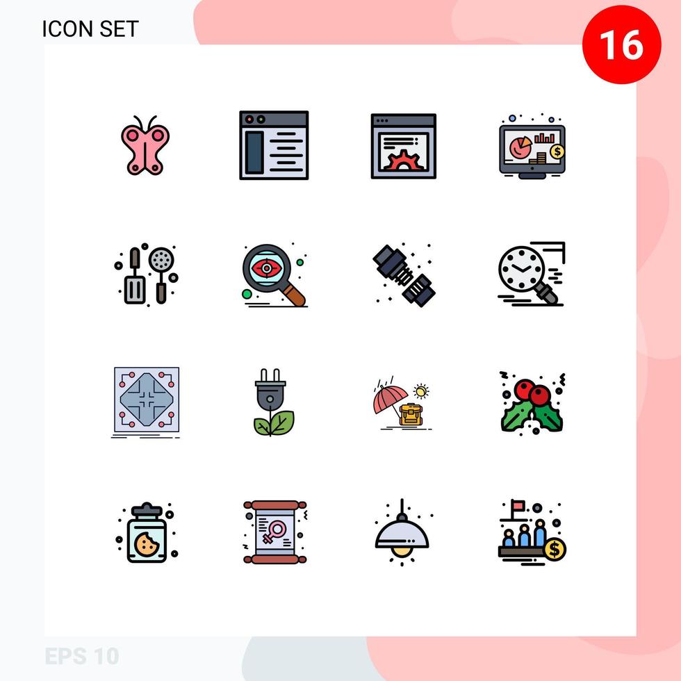 Piktogrammsatz aus 16 einfachen, flachen, farbgefüllten Linien aus SEO-Paletteneinstellung Skimmer SEO editierbare kreative Vektordesign-Elemente vektor