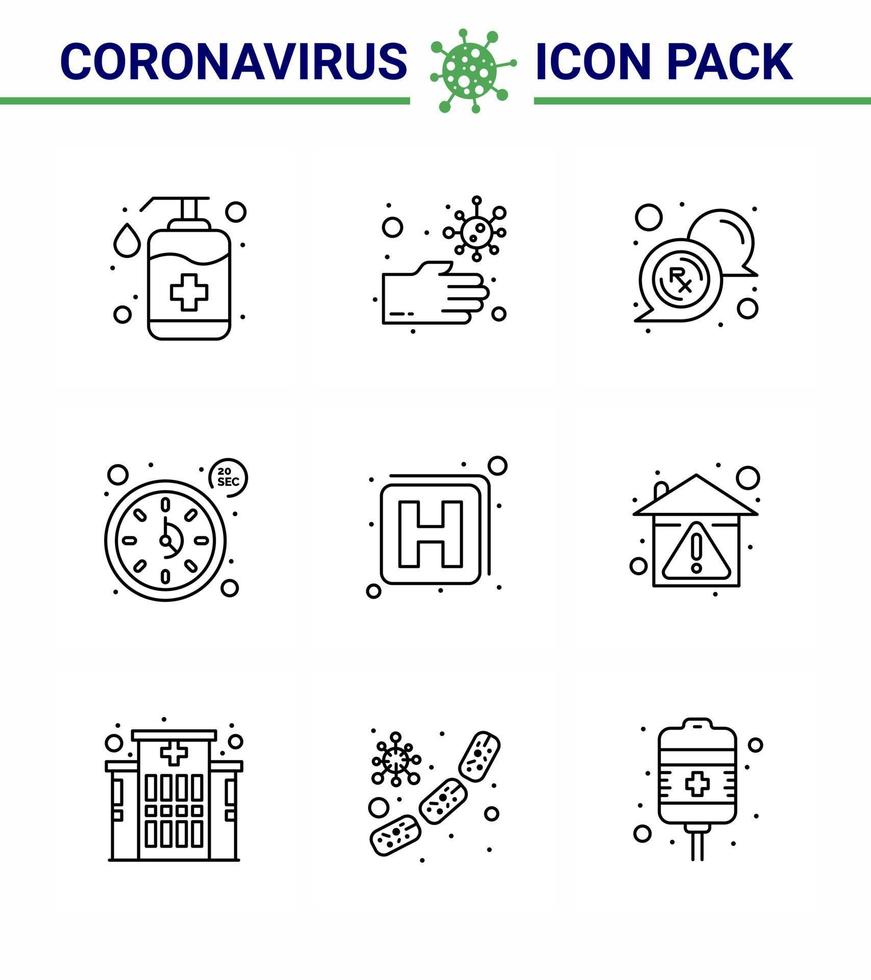 neuartiges Coronavirus 2019ncov 9-Zeilen-Icon-Pack Krankenhauszeit ungesunde Sekunden rx virales Coronavirus 2019nov-Krankheitsvektor-Designelemente vektor