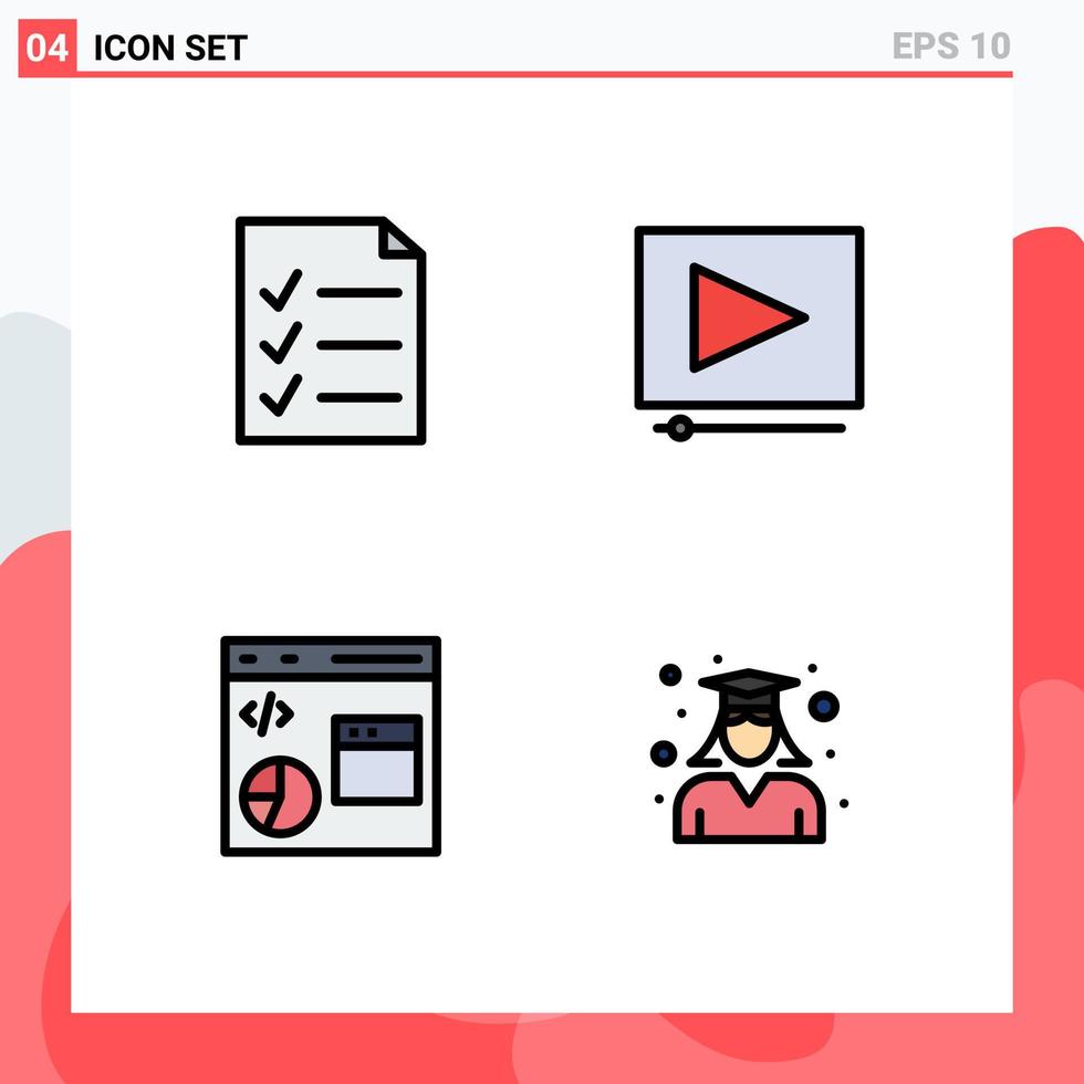 modern uppsättning av 4 fylld linje platt färger pictograph av dokumentera utveckling video kodning utbildning redigerbar vektor design element