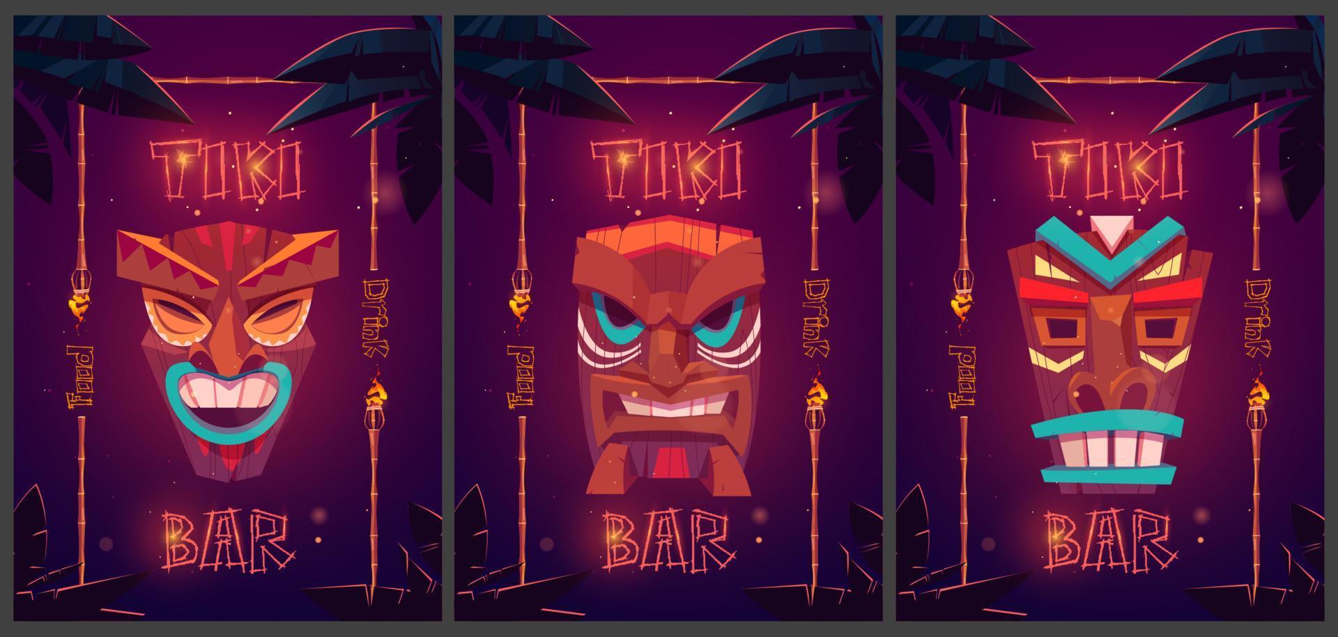 Tiki-Bar-Cartoon-Werbeplakate mit Stammesmasken vektor