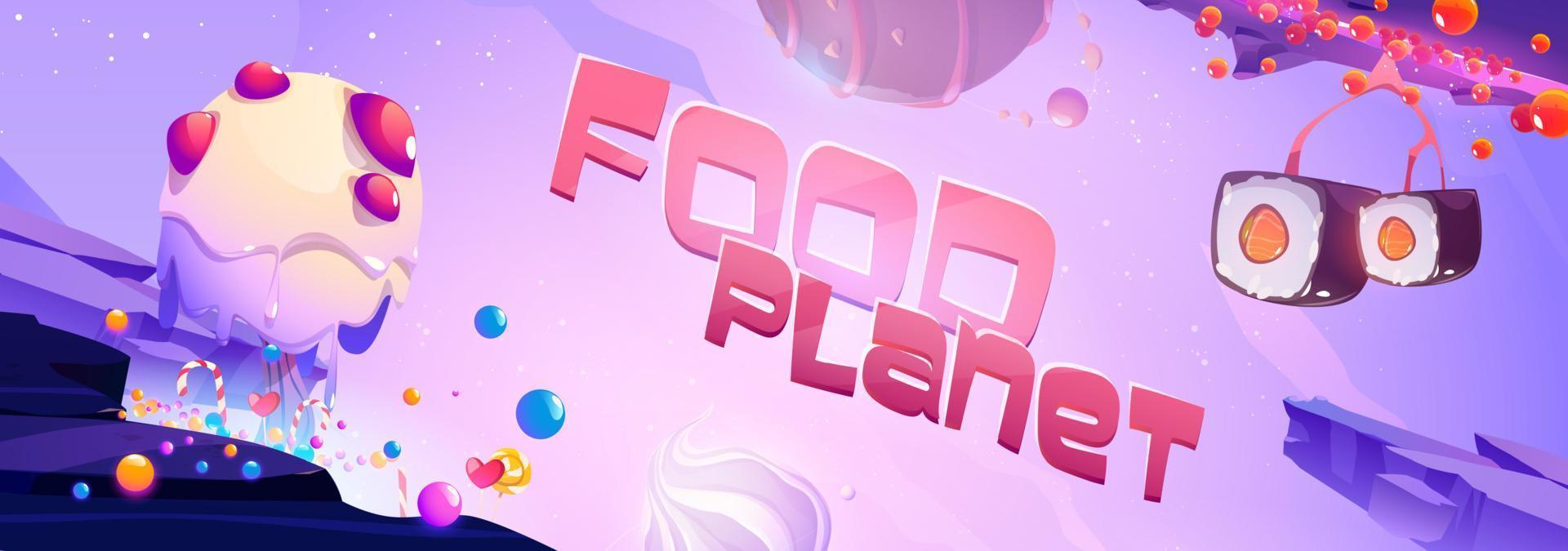 Food Planet Poster mit Sushi und Süßigkeiten vektor