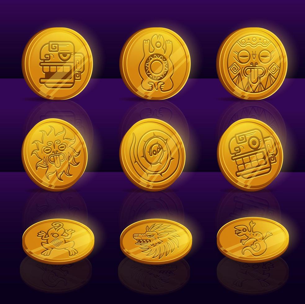 Satz Goldmünzen Maya- oder Azteken-Stammestiere vektor