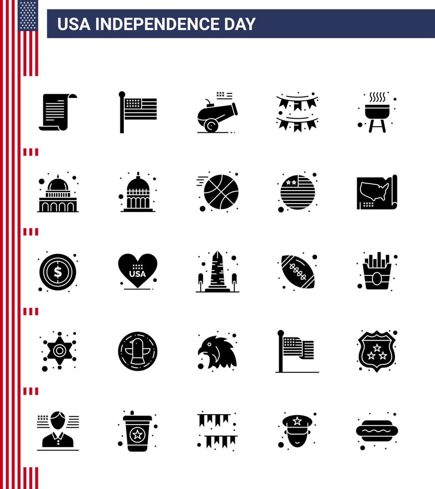 25 kreative usa-ikonen moderne unabhängigkeitszeichen und 4. juli symbole der grillparty big gun dekoration amerikanische editierbare usa-tag-vektordesignelemente vektor