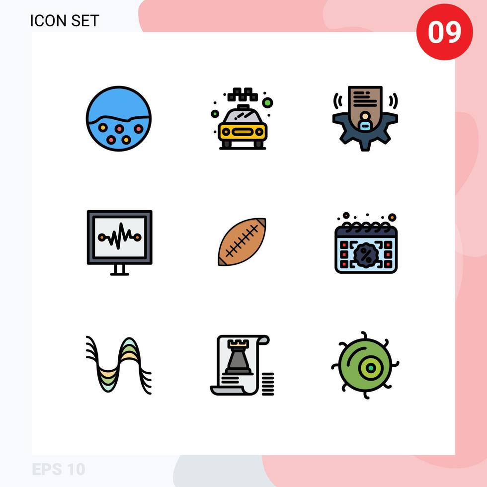 Packung mit 9 modernen Filledline-Flachfarben Zeichen und Symbolen für Web-Printmedien wie editierbare Vektordesign-Elemente der AFL-Puls-Service-Lebensleinenkarte vektor