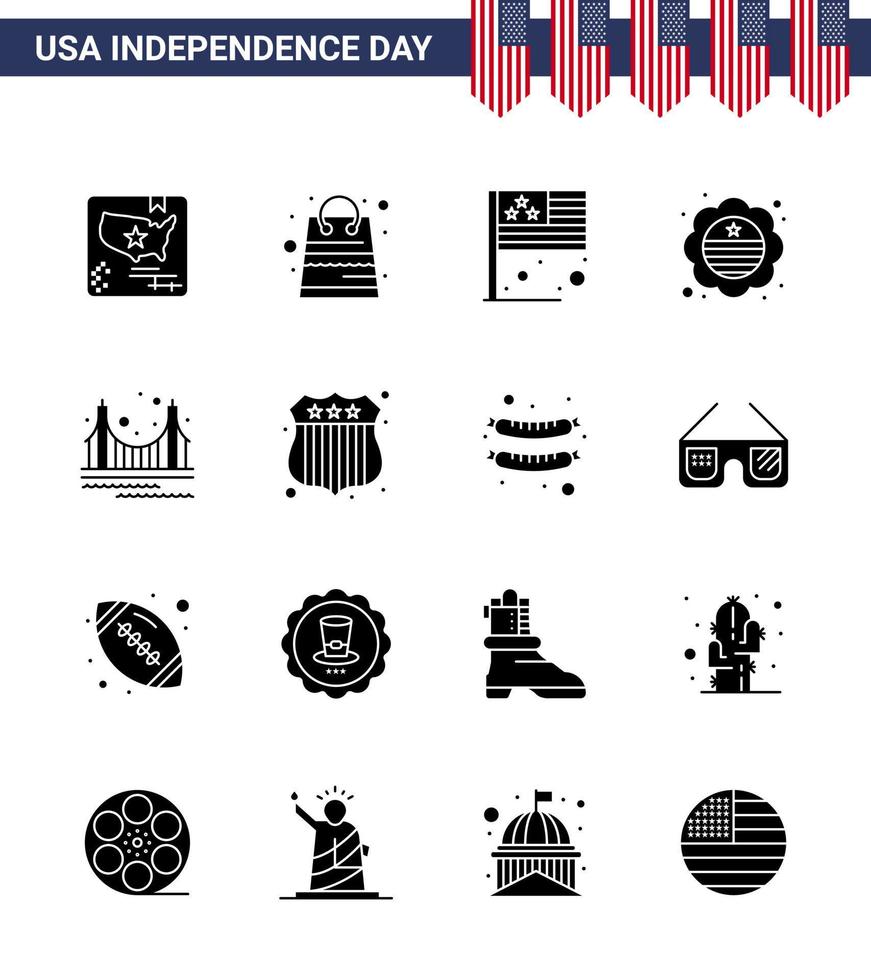 Lycklig oberoende dag 4:e juli uppsättning av 16 fast glyfer amerikan pictograph av Port bricka dag internationell flagga Land redigerbar USA dag vektor design element