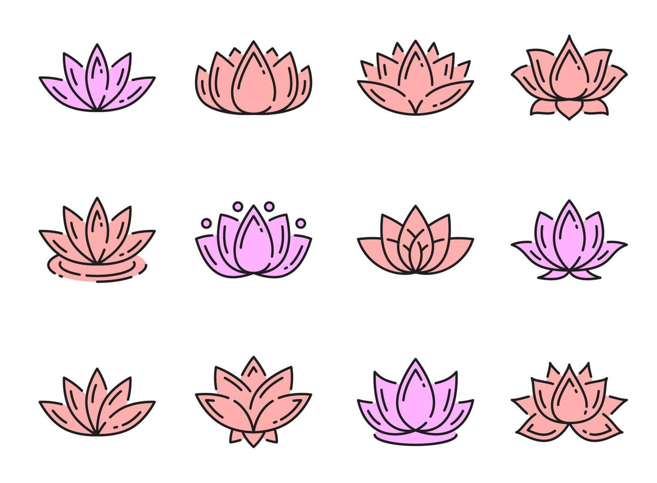 Färg översikt lotus ikoner, yoga meditation blommor vektor