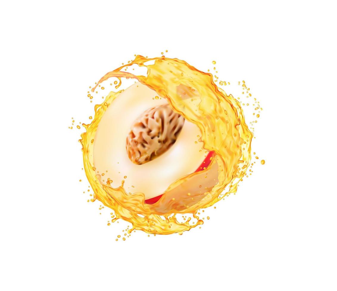 pfirsichfrucht mit saftspritzer, isolierte halbe scheibe vektor