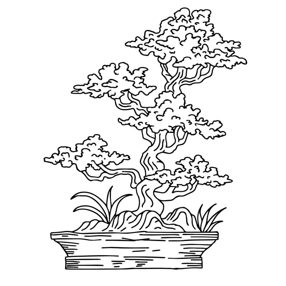 skriva ut design illustration asiatisk bonsai träd översikt vektor
