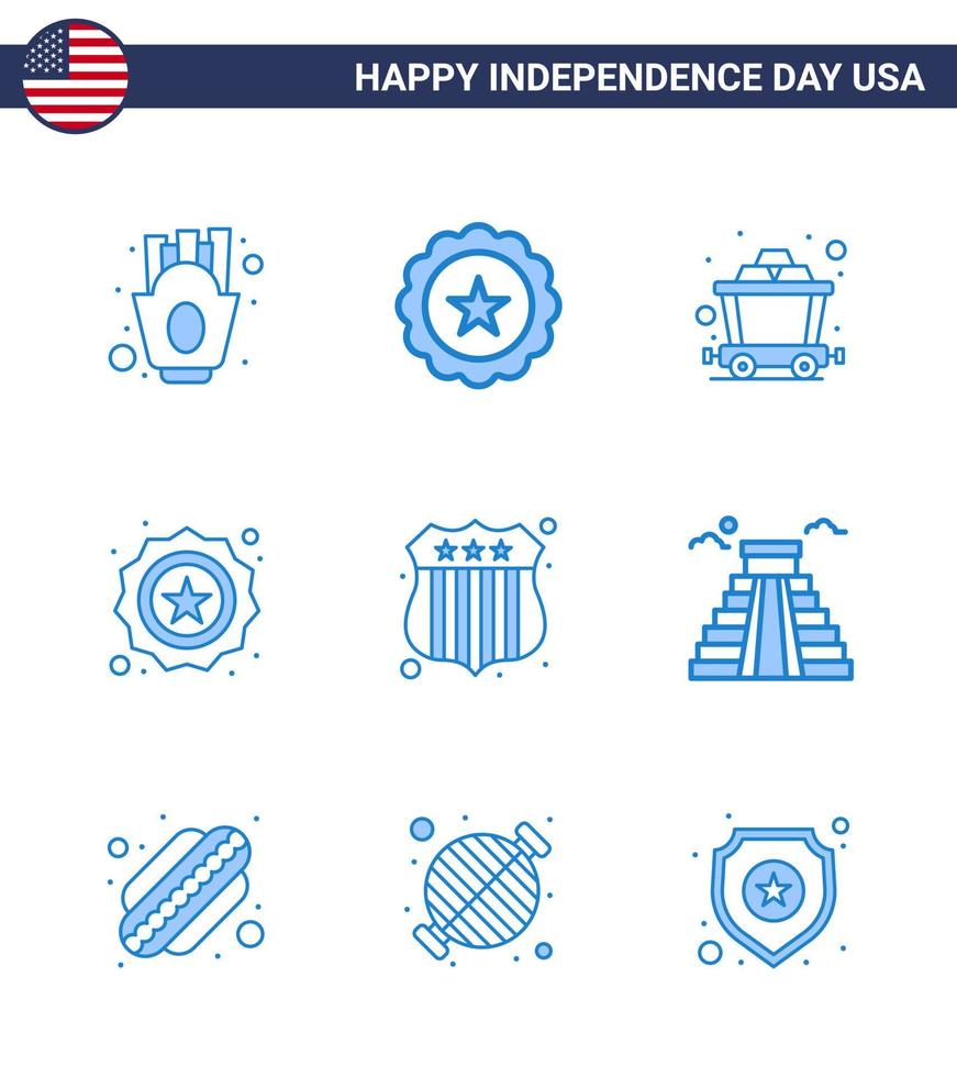 uppsättning av 9 USA dag ikoner amerikan symboler oberoende dag tecken för USA polis bricka vagn flagga säkerhet redigerbar USA dag vektor design element