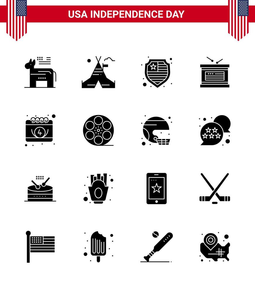 Lycklig oberoende dag 4:e juli uppsättning av 16 fast glyfer amerikan pictograph av datum amerikan amerikan oberoende dag Semester redigerbar USA dag vektor design element