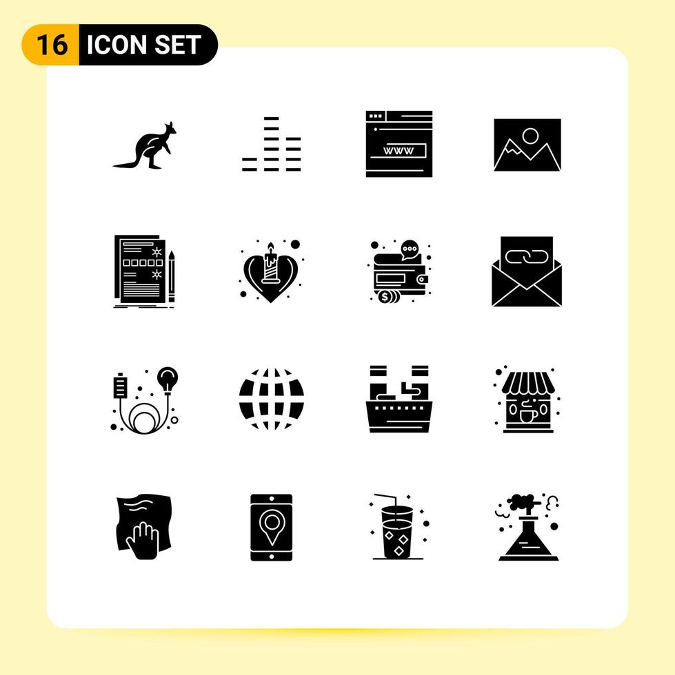 mobil gränssnitt fast glyf uppsättning av 16 piktogram av fotografi Foto multimedia landskap hemsida redigerbar vektor design element