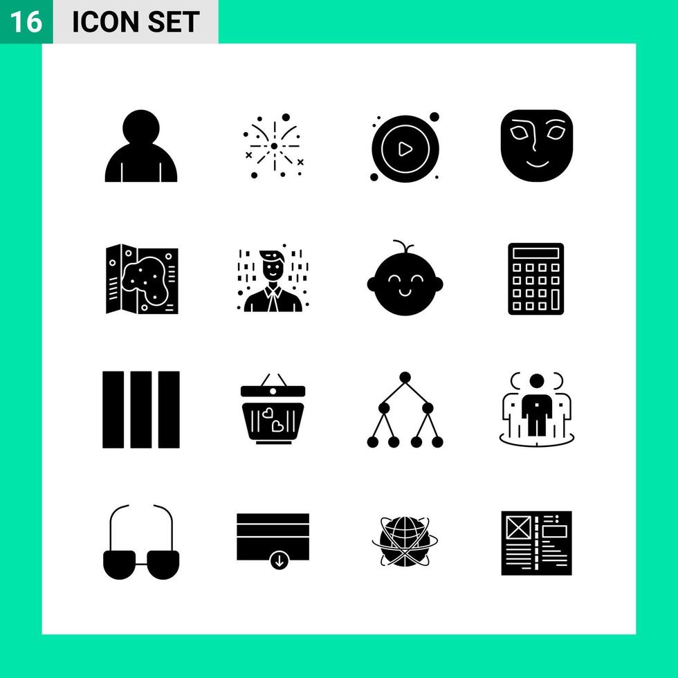 Packung mit 16 Solid Style Icon Set Glyphen-Symbolen für den Druck kreative Zeichen isoliert auf weißem Hintergrund 16 Icon Set kreativer schwarzer Icon-Vektor-Hintergrund vektor