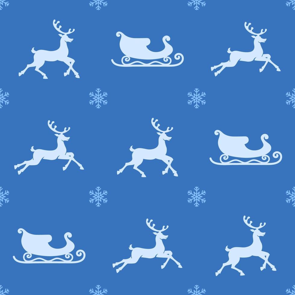jul sömlös mönster. vit färgad renar och släden silhuetter på mörk blå bakgrund med blå snöflingor. jul textur vektor