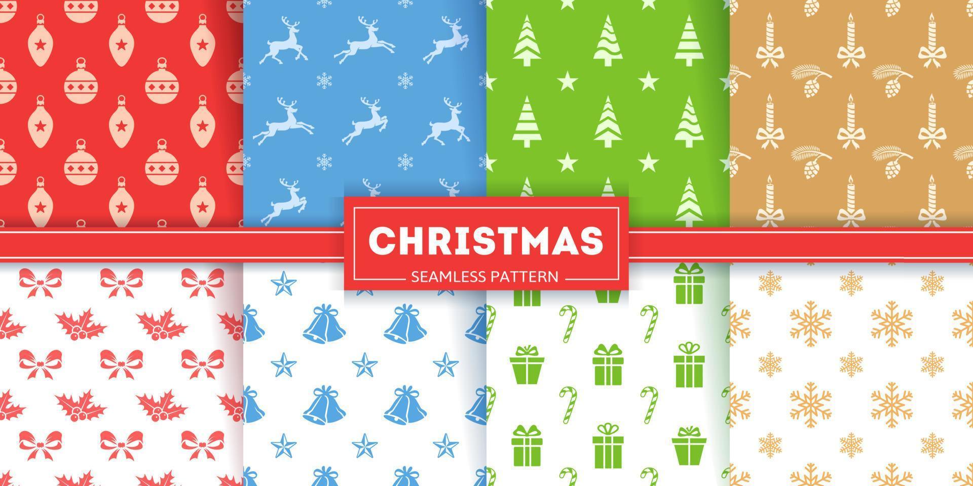 nahtlose mustersammlung für weihnachten. Symbole und Silhouetten von Weihnachtskugeln, Rentieren und Weihnachtsbäumen. farbenfrohe Illustrationen von Schleifen, Glocken und Geschenkboxen. weihnachtliche Texturen vektor