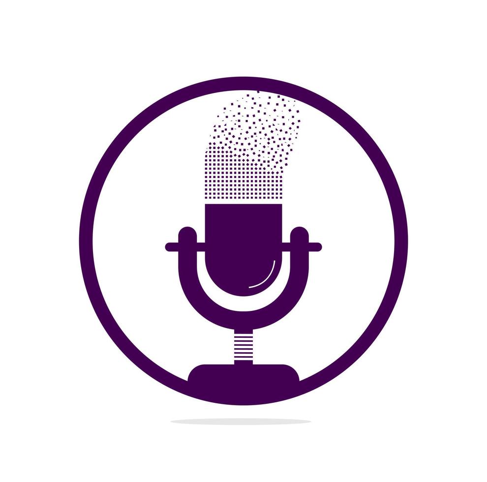 mikrofon podcast pixlar effekt logotyp design. studio tabell mikrofon med utsända ikon design. vektor