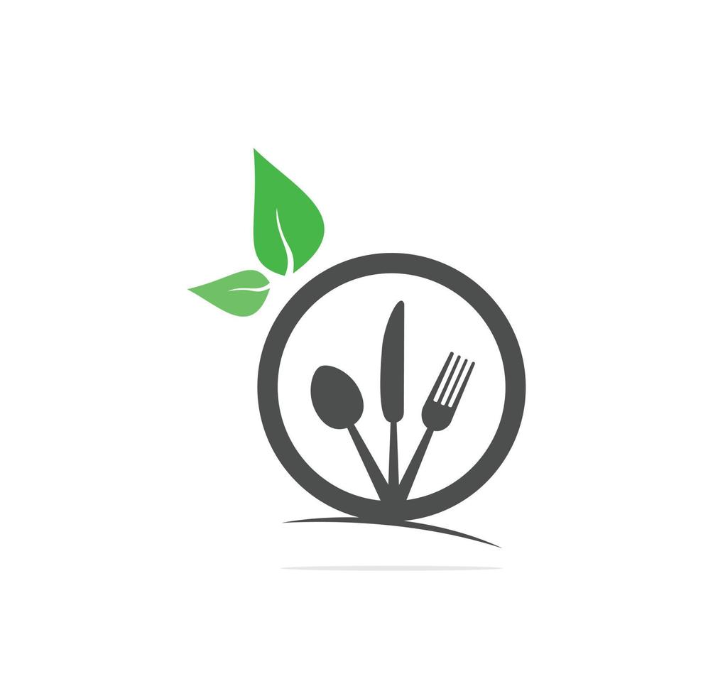 färsk mat logotyp mall. mat logotyp med, sked, kniv, och gaffel. friska mat logotyp mall vektor