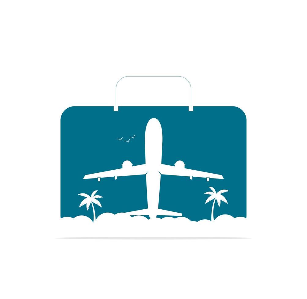 Reiselogodesign, Urlaubstasche, Palmen- und Flugzeugsymbol, Geschäftsreise, Tourismus, Flugzeugvektorillustration. vektor