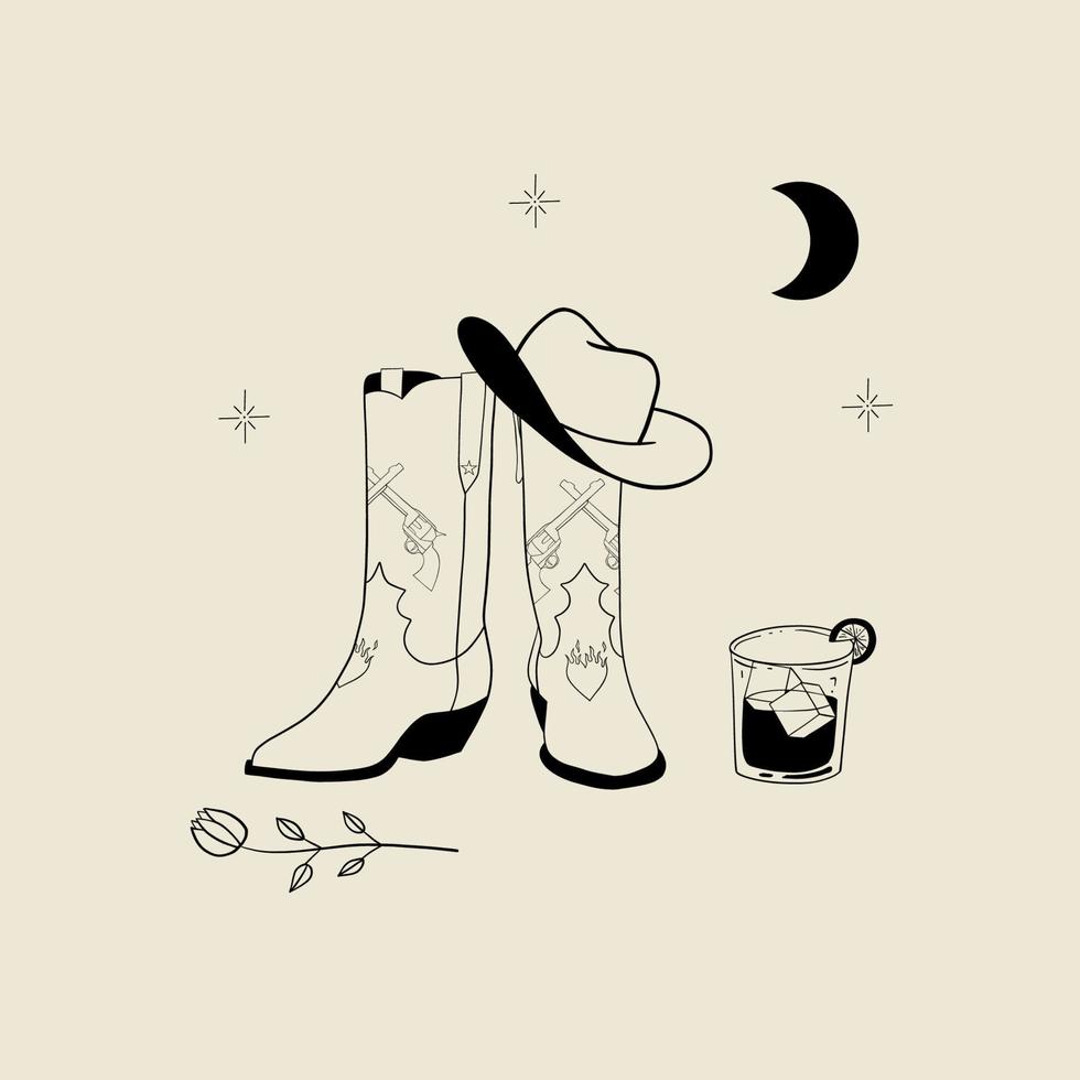 vild väst element samling med cowboy stövlar, hatt, whisky, reste sig, måne och stjärnor. traditionell Västra cowboy stövlar. hand dragen linje vektor illustration