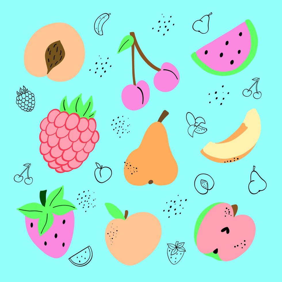 Set aus verschiedenen Früchten und Beeren. Apfel, Pfirsich, Birne, Wassermelone, Himbeere, Kirsche, Erdbeere. tropische früchte und grafikdesignelemente. flache vektorillustration lokalisiert auf blauem hintergrund vektor