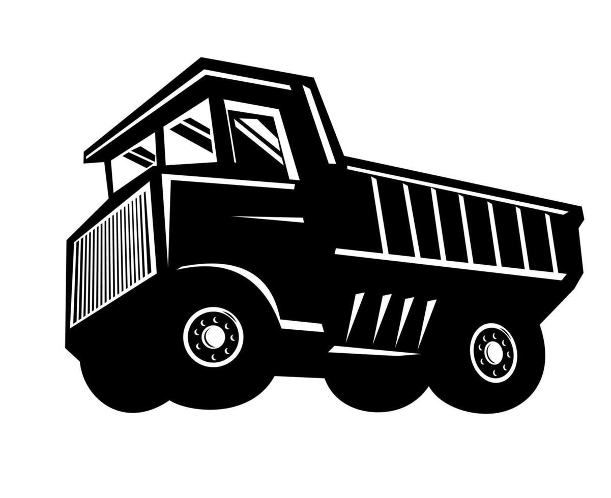 Haul Truck oder starrer Muldenkipper Retro-Holzschnitt-Stil schwarz und weiß vektor