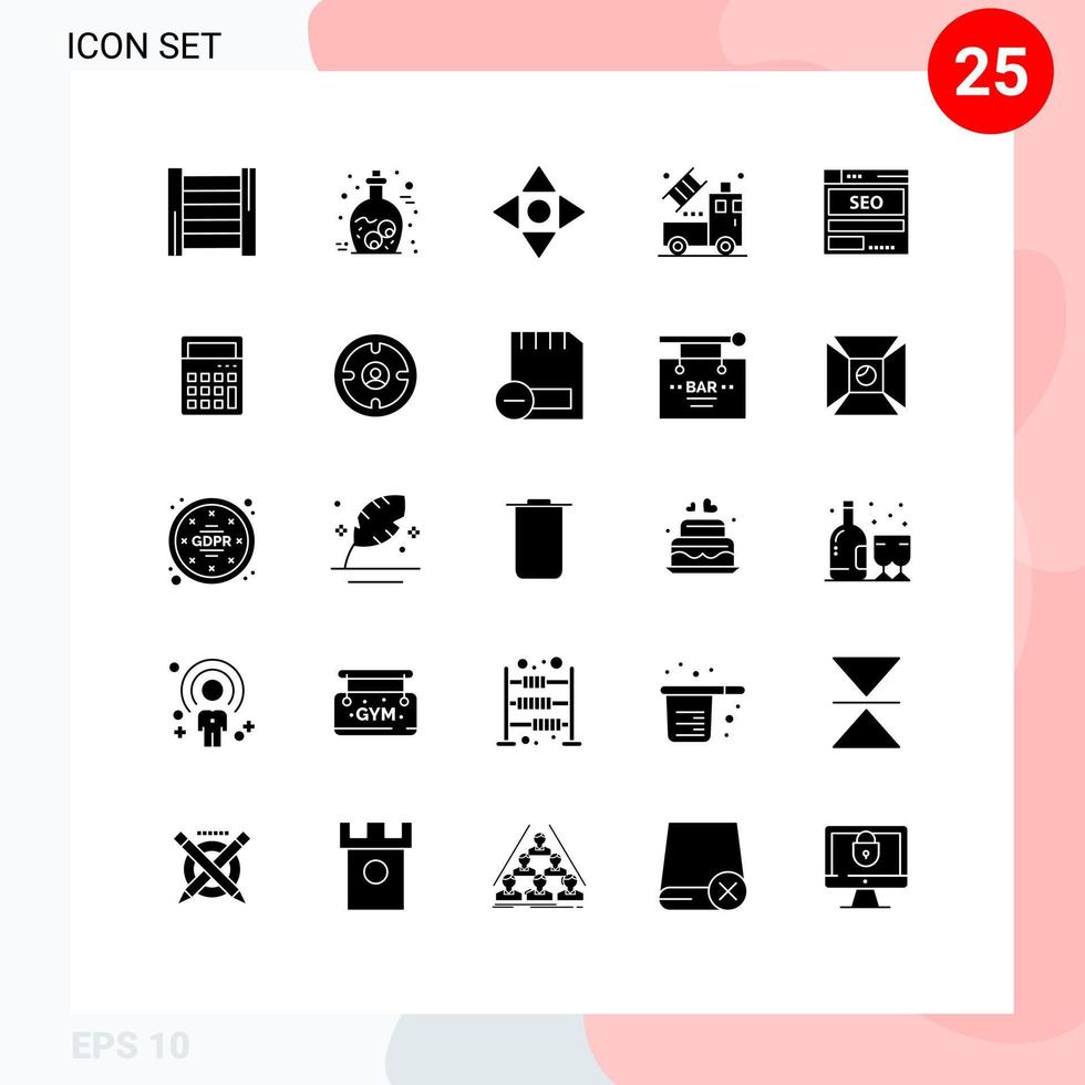 Satz von 25 kommerziellen soliden Glyphen-Paketen für das Hosting von Server-Move-Websites, die editierbare Vektordesign-Elemente zeichnen vektor