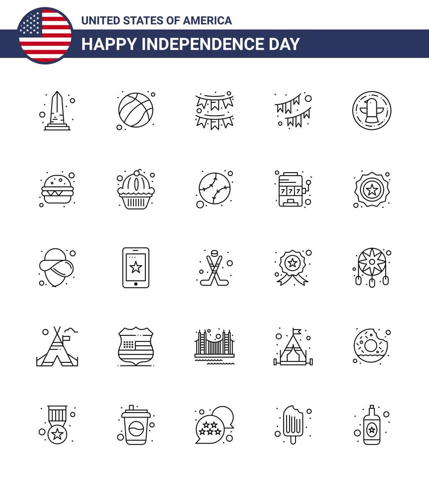 Lycklig oberoende dag 4:e juli uppsättning av 25 rader amerikan pictograph av Örn fågel USA amerikan fest redigerbar USA dag vektor design element