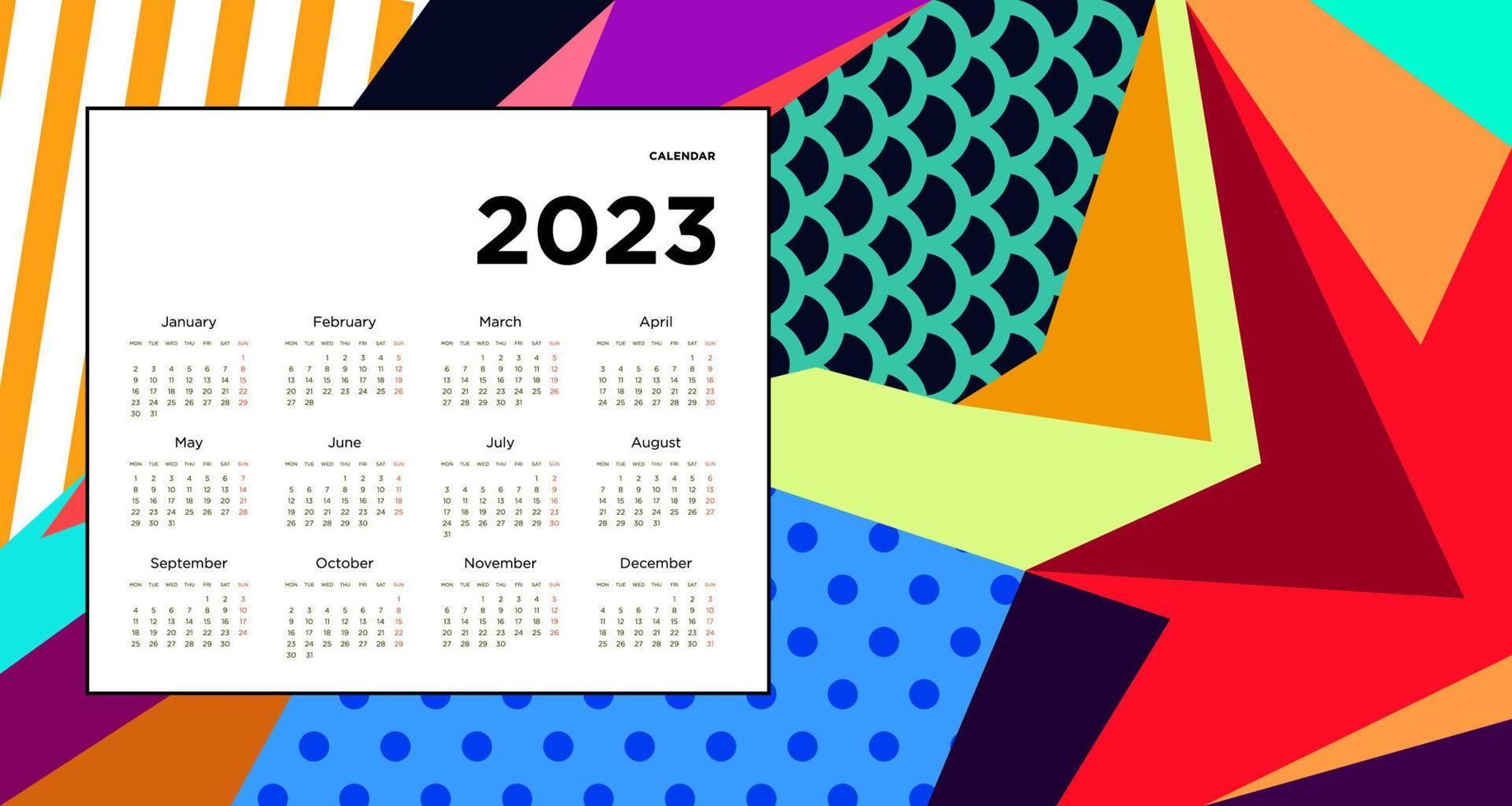 neujahr 2023 kalender design vorlage mit geometrischen bunten abstrakten. Vektor-Kalender-Design. vektor