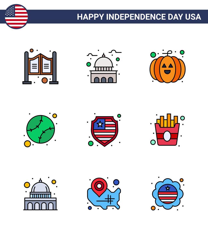 modern uppsättning av 9 platt fylld rader och symboler på USA oberoende dag sådan som skydd förenad vit stater amerikan redigerbar USA dag vektor design element