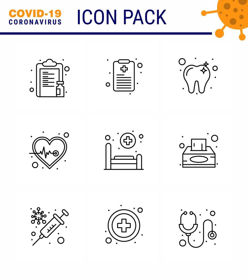 covid19-symbolsatz für infografik 9-zeilenpaket wie patientenbettpflege gesundheitsversorgung herz virales coronavirus 2019nov krankheitsvektor designelemente vektor