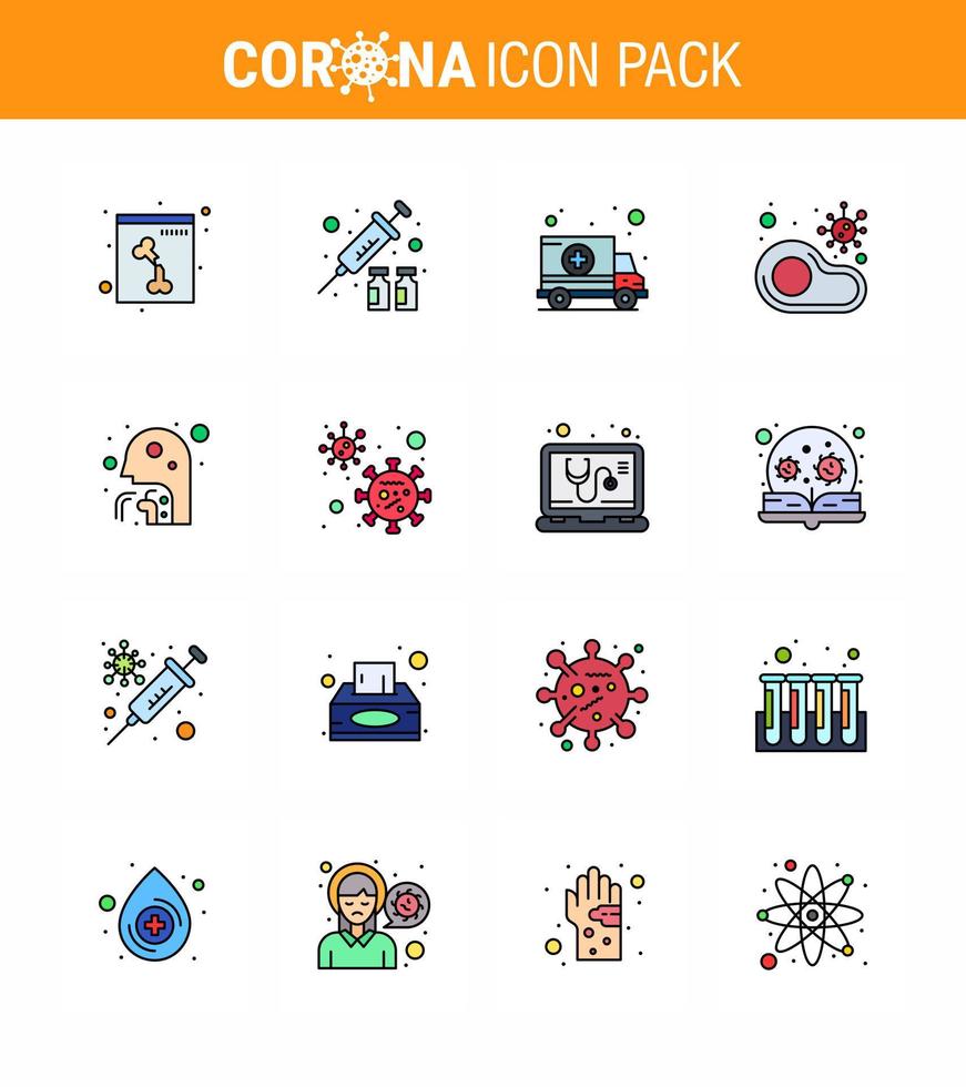 Coronavirus-Präventionsset-Symbole 16 flache, farbig gefüllte Liniensymbole wie Husten-Restaurant-Auto kein Essen virales Coronavirus 2019nov-Krankheitsvektor-Designelemente vektor