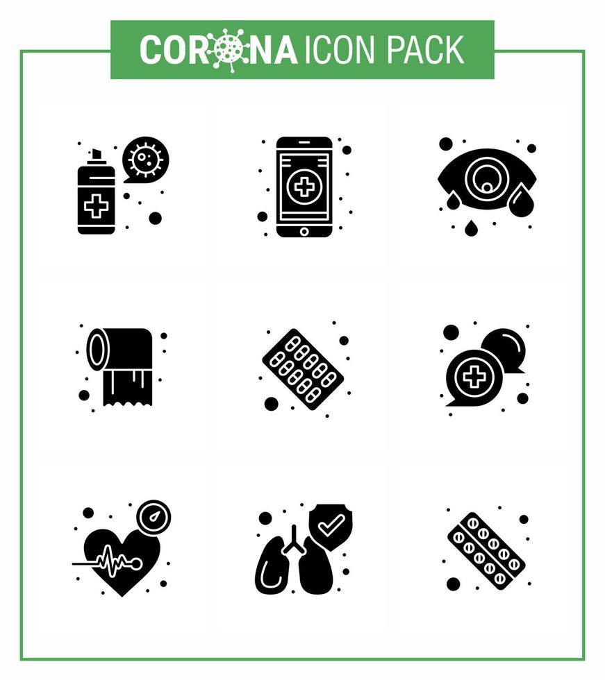 9 Solid Glyph Black Coronavirus Epidemic Icon Pack suck as Pills Capsule Eye Care Roll Virus Coronavirus 2019nov Disease Vector Design Elements