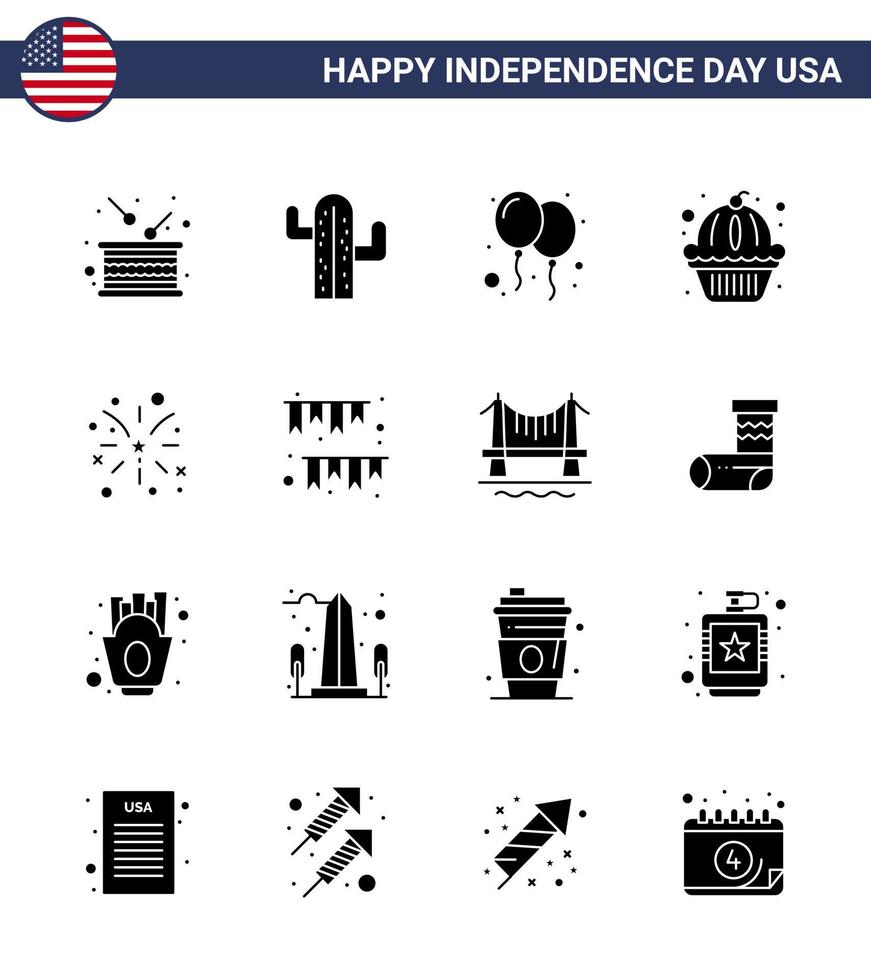 Happy Independence Day Pack mit 16 soliden Glyphen Zeichen und Symbolen für Feuerwerk Staaten American Muffin Party editierbare Usa Day Vektor Design Elemente