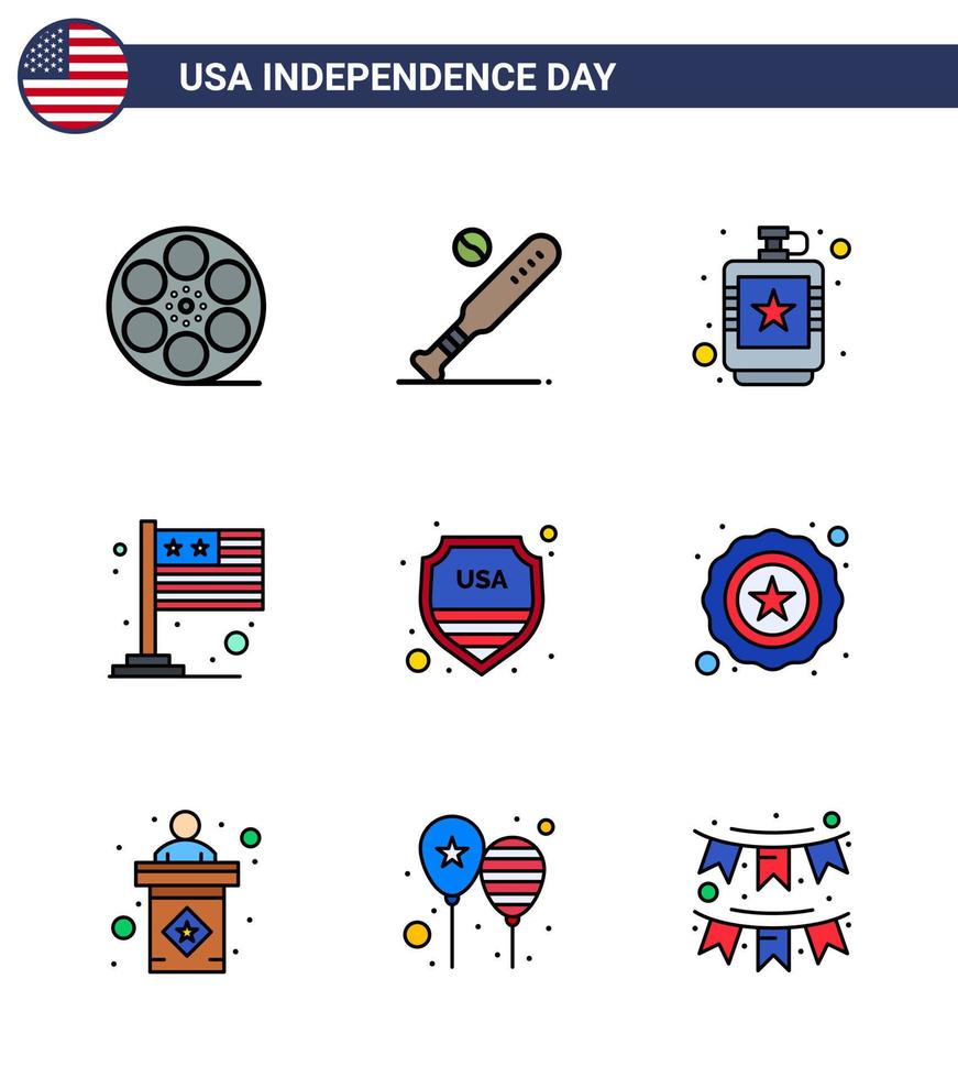 Usa Happy Independence Day Piktogrammsatz aus 9 einfachen, flach gefüllten Linien der Usa-Flagge Usa-Landhüfte editierbare Usa-Tag-Vektordesign-Elemente vektor