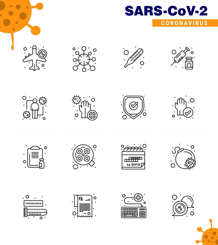 Corona-Virus 2019 und 2020 Epidemie 16-Zeilen-Icon-Pack wie Coronavirus-Spritze Corona-Injektionsthermometer Virus-Coronavirus 2019nov-Krankheitsvektor-Designelemente vektor