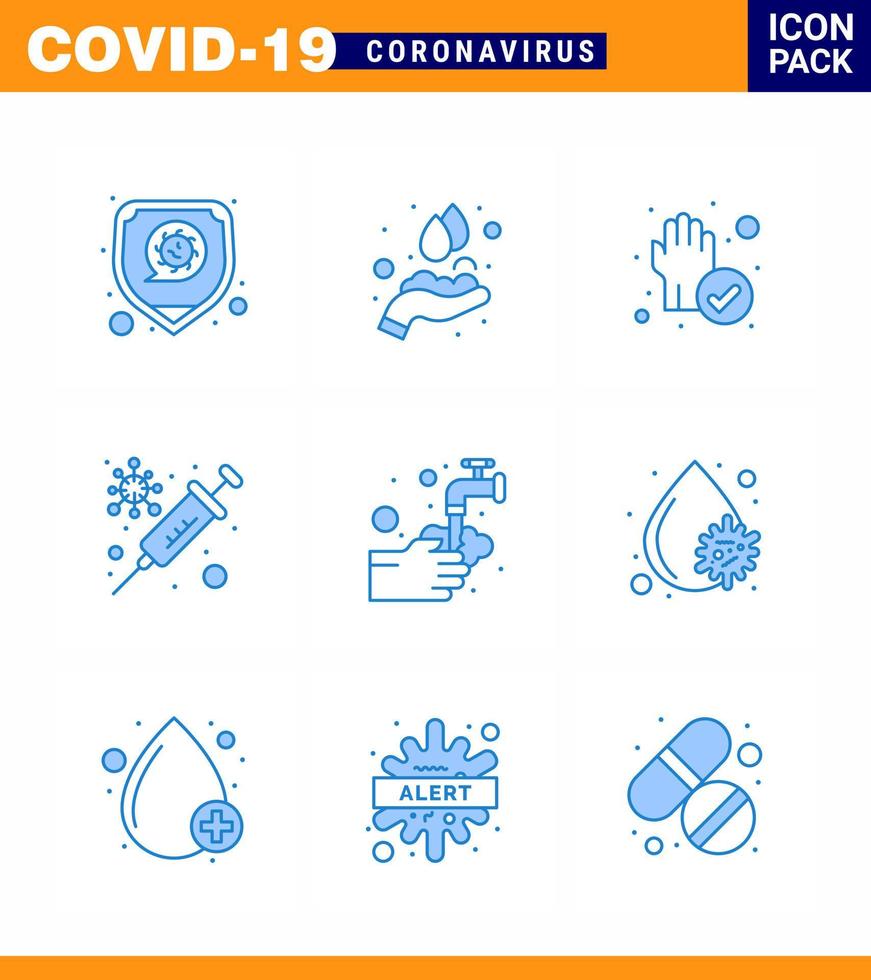 Coronavirus-Prävention Set Icons 9 blaues Symbol wie medizinisches Virus Handimpfstoff Grippe virales Coronavirus 2019nov Krankheitsvektor Designelemente vektor