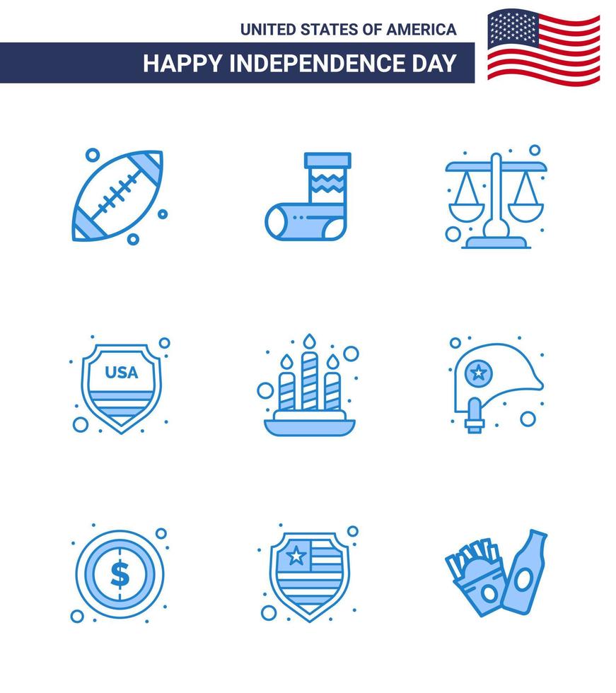 Happy Independence Day Pack mit 9 Blues-Zeichen und Symbolen für Feuer USA-Gerichtszeichen Sicherheit editierbare USA-Tag-Vektordesign-Elemente vektor